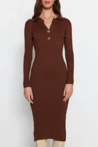 TRENDYOLMİLLA Brown Midi Polo Shirt Collar Knit Dress - Image 4