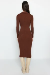TRENDYOLMİLLA Brown Midi Polo Shirt Collar Knit Dress - Image 6