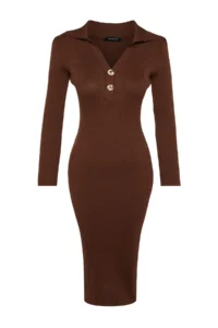 TRENDYOLMİLLA Brown Midi Polo Shirt Collar Knit Dress - Image 7