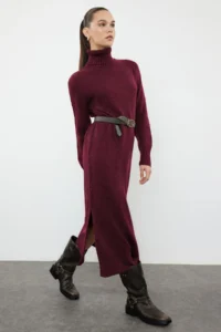 TRENDYOLMİLLA Burgundy Midi Wide Pattern Soft textured Knit Dress - Image 2