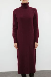 TRENDYOLMİLLA Burgundy Midi Wide Pattern Soft textured Knit Dress - Image 4