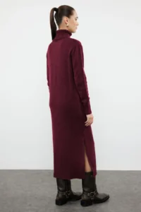 TRENDYOLMİLLA Burgundy Midi Wide Pattern Soft textured Knit Dress - Image 5