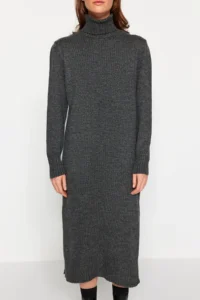 TRENDYOLMİLLA Anthracite Midi Wide Pattern Soft textured Knit Dress - Image 11