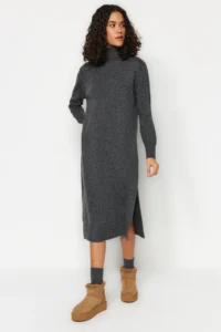 TRENDYOLMİLLA Anthracite Midi Wide Pattern Soft textured Knit Dress - Image 14