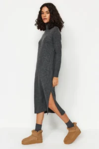 TRENDYOLMİLLA Anthracite Midi Wide Pattern Soft textured Knit Dress - Image 15