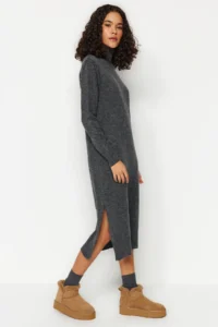 TRENDYOLMİLLA Anthracite Midi Wide Pattern Soft textured Knit Dress - Image 16