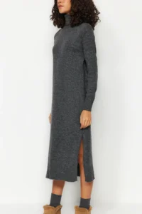 TRENDYOLMİLLA Anthracite Midi Wide Pattern Soft textured Knit Dress - Image 17