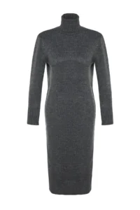 TRENDYOLMİLLA Anthracite Midi Wide Pattern Soft textured Knit Dress - Image 19