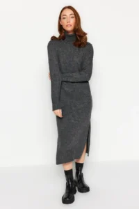 TRENDYOLMİLLA Anthracite Midi Wide Pattern Soft textured Knit Dress - Image 4