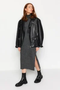 TRENDYOLMİLLA Anthracite Midi Wide Pattern Soft textured Knit Dress - Image 8
