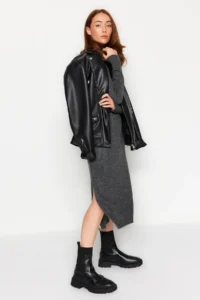 TRENDYOLMİLLA Anthracite Midi Wide Pattern Soft textured Knit Dress - Image 9