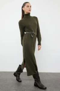 TRENDYOLMİLLA Khaki Midi Wide Pattern Soft textured Knit Dress - Image 2