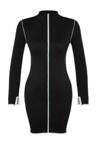 TRENDYOLMİLLA Black Mini Color Bloklu Vucuda Oturan Knit Dress - Image 7