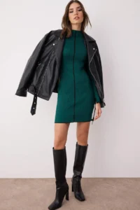 TRENDYOLMİLLA Dark Green Mini Color Bloklu Vucuda Oturan Knit Dress