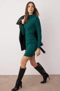 TRENDYOLMİLLA Dark Green Mini Color Bloklu Vucuda Oturan Knit Dress - Image 2