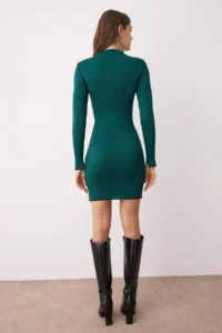 TRENDYOLMİLLA Dark Green Mini Color Bloklu Vucuda Oturan Knit Dress - Image 4