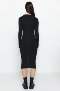 TRENDYOLMİLLA Black Midi Knitwear Polo Shirt Collar Dress - Image 5