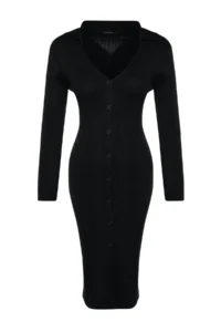 TRENDYOLMİLLA Black Midi Knitwear Polo Shirt Collar Dress - Image 6