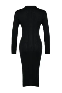 TRENDYOLMİLLA Black Midi Knitwear Polo Shirt Collar Dress - Image 8