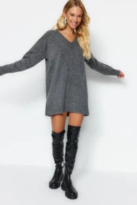 TRENDYOLMİLLA Anthracite Mini Wide Pattern Soft textured Knit Dress