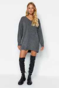 TRENDYOLMİLLA Anthracite Mini Wide Pattern Soft textured Knit Dress - Image 2