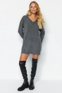 TRENDYOLMİLLA Anthracite Mini Wide Pattern Soft textured Knit Dress - Image 3