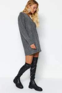 TRENDYOLMİLLA Anthracite Mini Wide Pattern Soft textured Knit Dress - Image 4