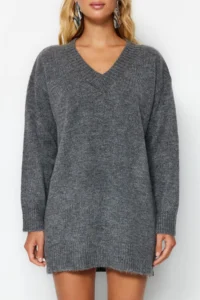 TRENDYOLMİLLA Anthracite Mini Wide Pattern Soft textured Knit Dress - Image 6