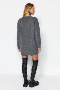 TRENDYOLMİLLA Anthracite Mini Wide Pattern Soft textured Knit Dress - Image 7