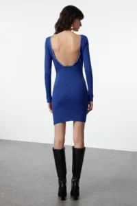TRENDYOLMİLLA Saks Blue Mini Knitwear Back Pearl Detailed Dress - Image 5