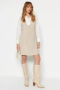 TRENDYOLMİLLA Stone Mini Braided Knitwear Gilet Dress - Image 3
