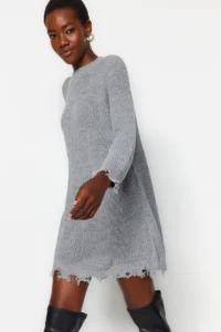TRENDYOLMİLLA Gray Mini Knitwear Wide Pattern Flowing Detailed Plain Dress