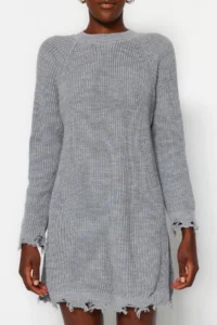TRENDYOLMİLLA Gray Mini Knitwear Wide Pattern Flowing Detailed Plain Dress - Image 3