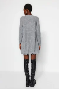 TRENDYOLMİLLA Gray Mini Knitwear Wide Pattern Flowing Detailed Plain Dress - Image 5