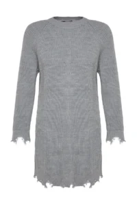 TRENDYOLMİLLA Gray Mini Knitwear Wide Pattern Flowing Detailed Plain Dress - Image 6