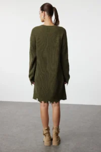 TRENDYOLMİLLA Khaki Short/Mini Wide Pattern Knit Dress with Flowing Detail - Image 4