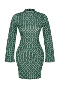 TRENDYOLMİLLA Emerald Green Printed bodycone/Fitting Spanish Arm Mini Knitting Pen Dress - Image 9