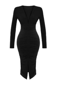TRENDYOLMİLLA Black Draped V-neck Fitted Flexible Midi Knitting Pen Dress - Image 10