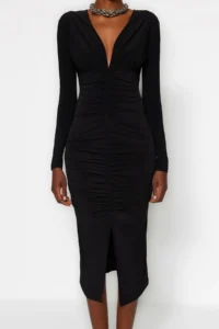 TRENDYOLMİLLA Black Draped V-neck Fitted Flexible Midi Knitting Pen Dress - Image 6