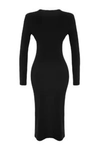 TRENDYOLMİLLA Black Draped V-neck Fitted Flexible Midi Knitting Pen Dress - Image 8