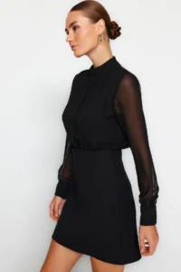 TRENDYOLMİLLA Black A Cut Dog collar Lined Siphon Mini Weaving Dress - Image 2