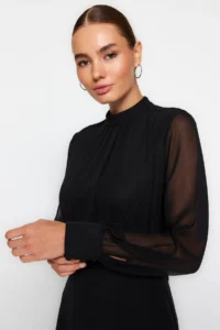 TRENDYOLMİLLA Black A Cut Dog collar Lined Siphon Mini Weaving Dress - Image 3