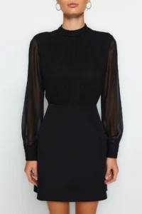 TRENDYOLMİLLA Black A Cut Dog collar Lined Siphon Mini Weaving Dress - Image 4