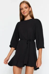 TRENDYOLMİLLA Black Belted Plain Kesim Crew Neck Mini Weaving Dress - Image 7