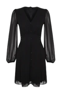 TRENDYOLMİLLA Black eyelet Detailed buttoned Lined Siphon Weaving Dress - Image 7
