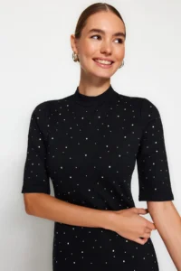 TRENDYOLMİLLA Black Stone Detailed Skater/Short Sleeve Mini Knitting Pen Dress - Image 2
