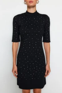 TRENDYOLMİLLA Black Stone Detailed Skater/Short Sleeve Mini Knitting Pen Dress - Image 3