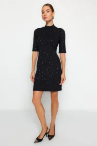 TRENDYOLMİLLA Black Stone Detailed Skater/Short Sleeve Mini Knitting Pen Dress - Image 4