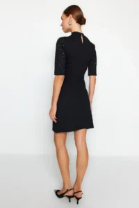 TRENDYOLMİLLA Black Stone Detailed Skater/Short Sleeve Mini Knitting Pen Dress - Image 5