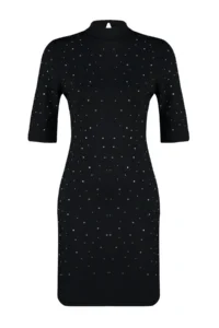 TRENDYOLMİLLA Black Stone Detailed Skater/Short Sleeve Mini Knitting Pen Dress - Image 8